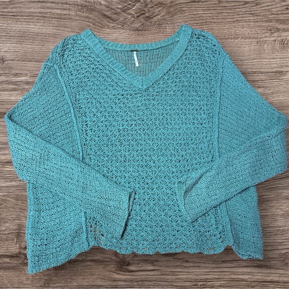 Free People Blue V-Neck Sweater with Textured Knit - Picture 1 of 4